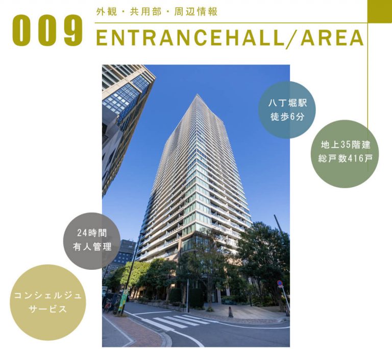 パークシティ中央湊ザ・タワーの外観と共用部