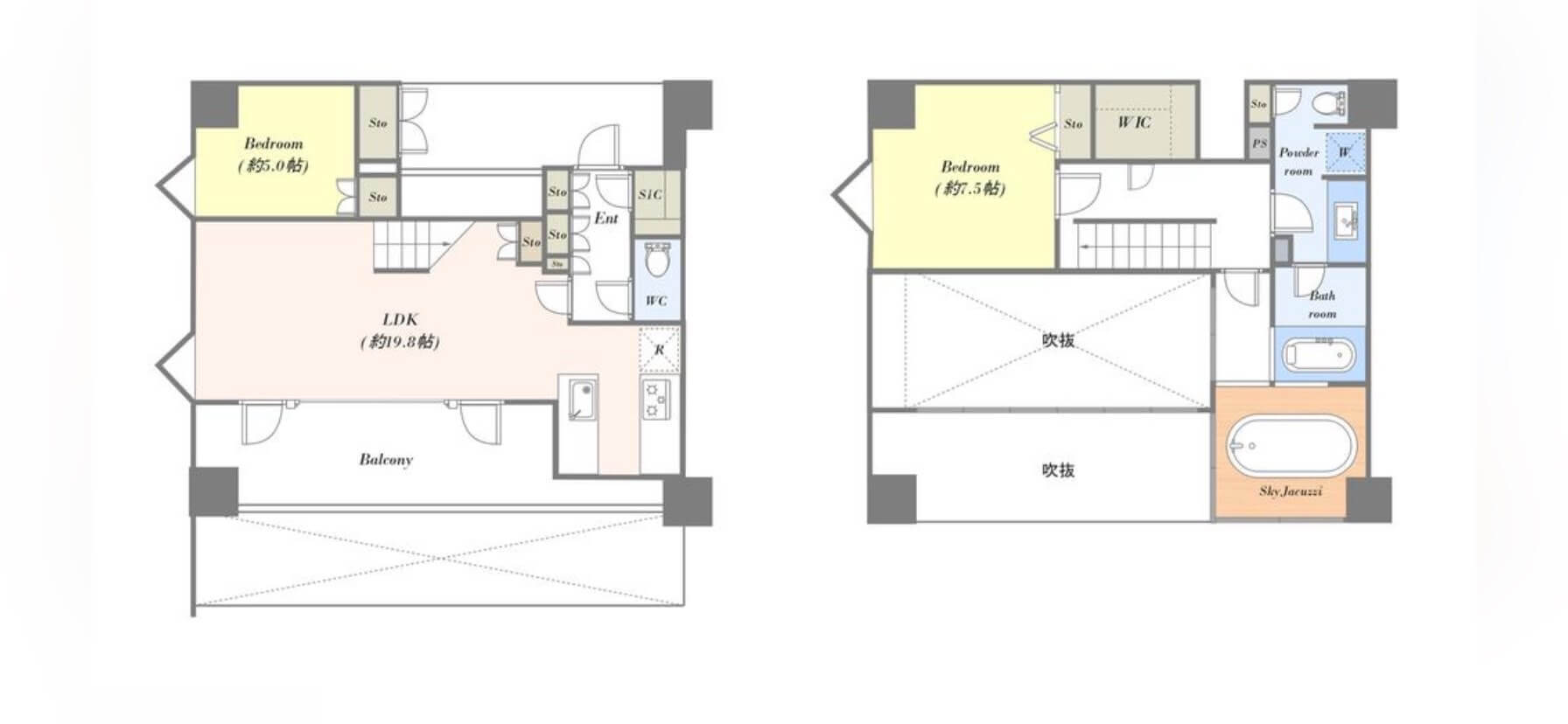 ワールドシティタワーズブリーズタワー　スカイジャグジー付、高層階のメゾネット住戸 間取り図