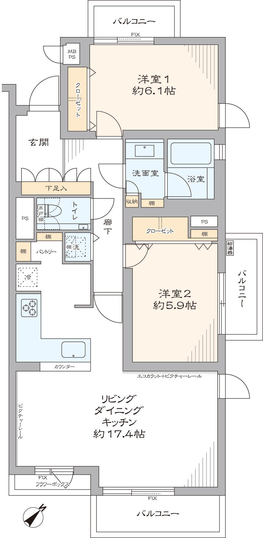 南阿佐ヶ谷　低層マンションの最上階、陽当たり良好の2LDK 間取り図