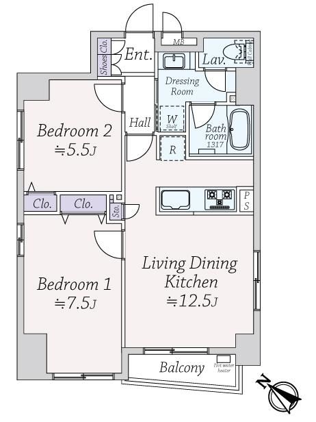 小伝馬町　三方角住戸×1フロア2住戸、開放感と独立性を備えた住まい 間取り図