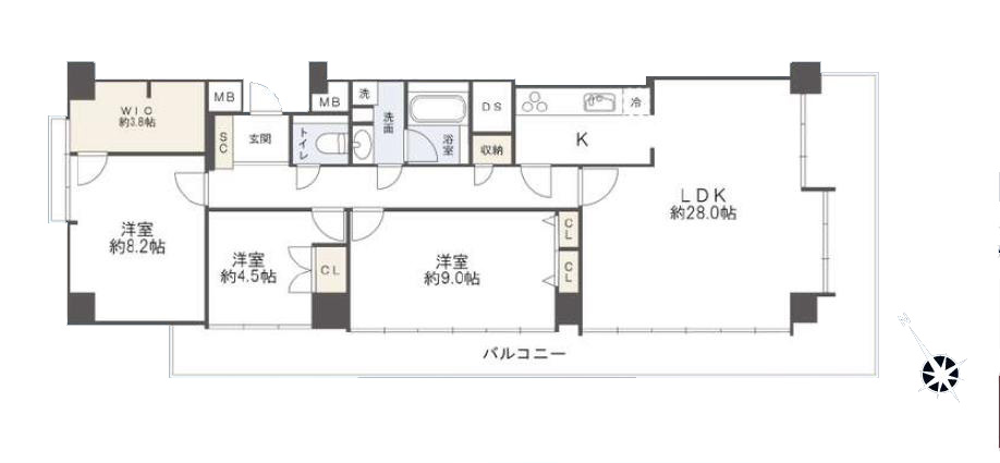 茗荷谷　100㎡超え！日当たり良好なＬ型バルコニー付き3LDK 間取図