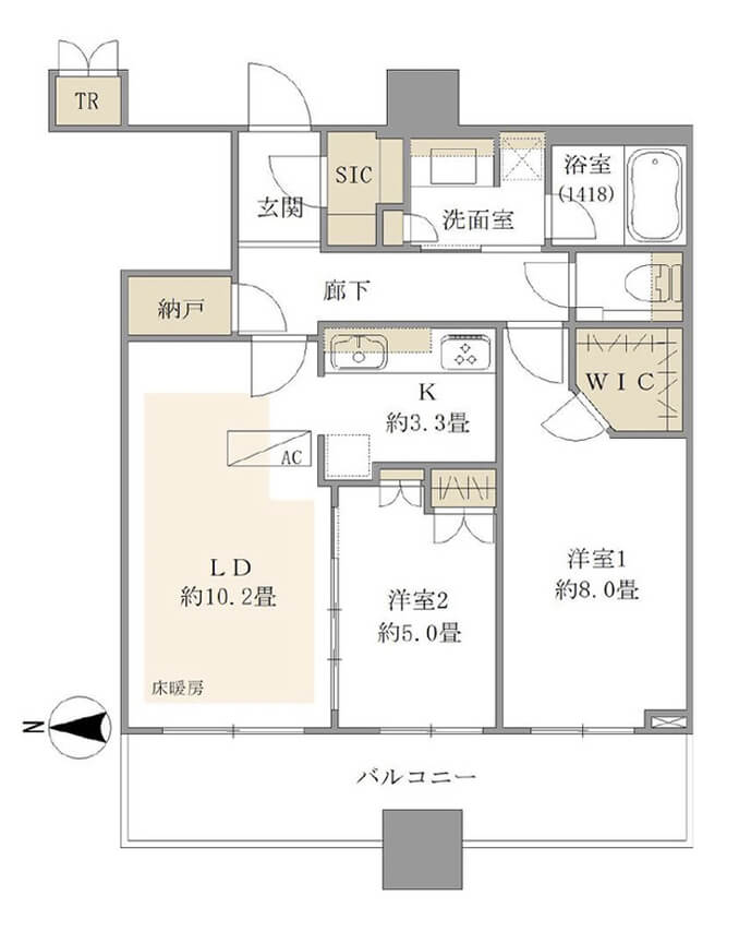 パークタワーグランスカイ　眺望良好！空間を繋げて伸び伸び過ごせる2LDK 間取り図