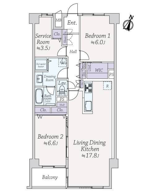 市ヶ谷　耐震改修済マンション、自然な光が入る南東向きの2SLDK　 間取り図