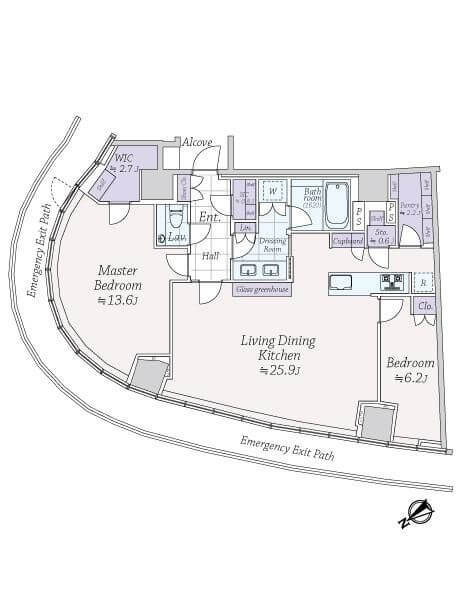 パークコート青山ザタワー　17階部、100㎡超のゆとりある2LDK 間取り図
