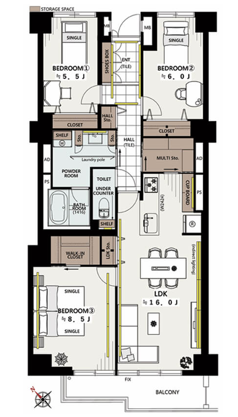 茗荷谷　収納豊富ですっきり整う、約90㎡の3LDK 間取り図