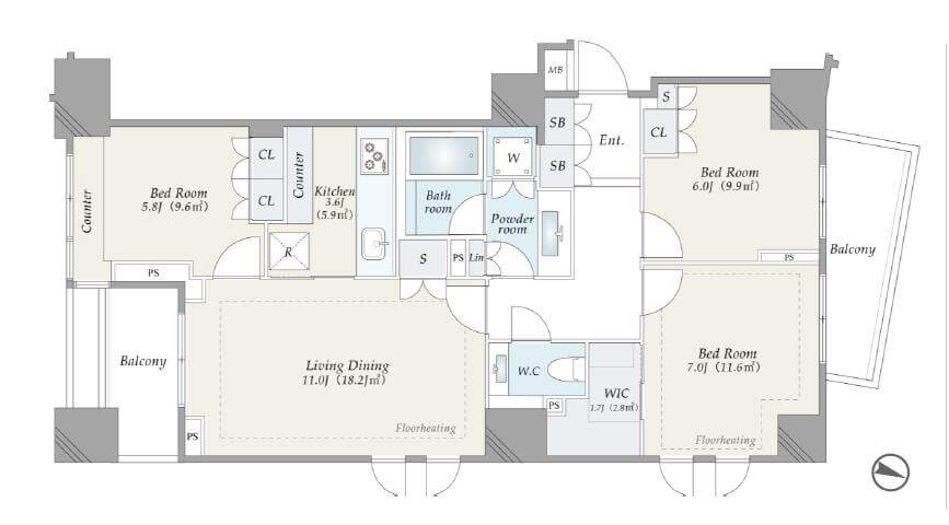 ザ・パークハウス四番町レジデンス　都心の利便と静穏を纏う、両面バルコニー付きの3方角部屋 間取り図