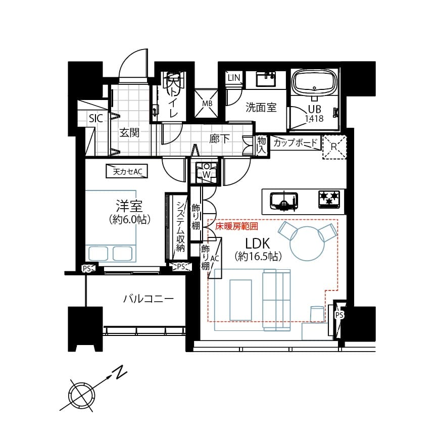 シティタワー麻布十番　陽光と眺望を愉しむ22階1LDK 間取り図