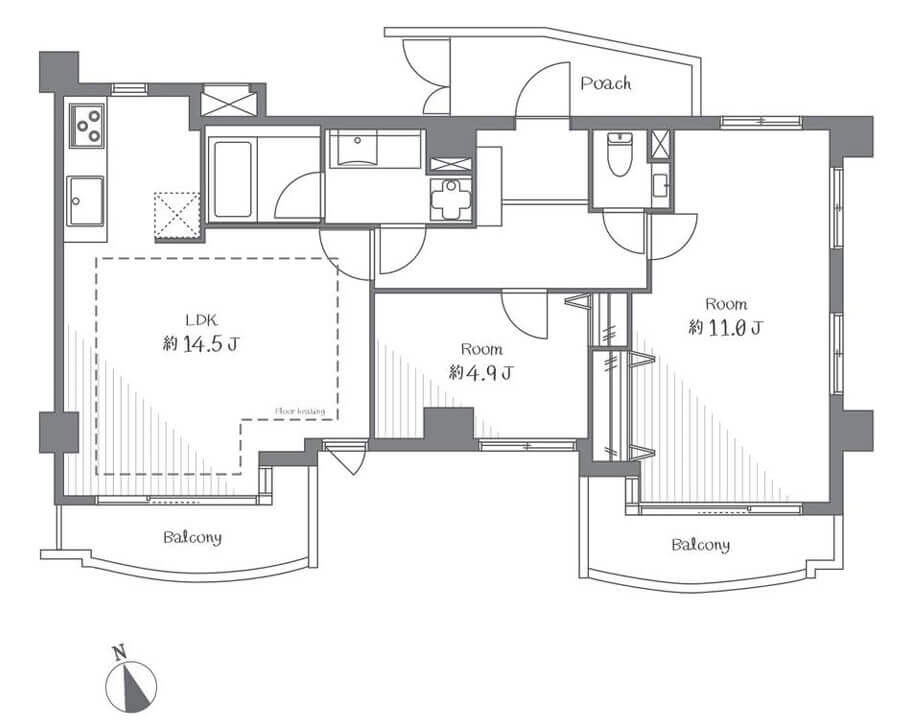 赤坂　南東角部屋、光が差し込む心地よい2LDK 間取り図