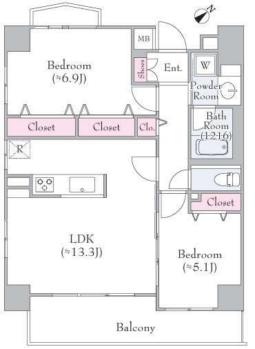 高輪台　空間を繋げて伸び伸び過ごせる2LDK 間取り図
