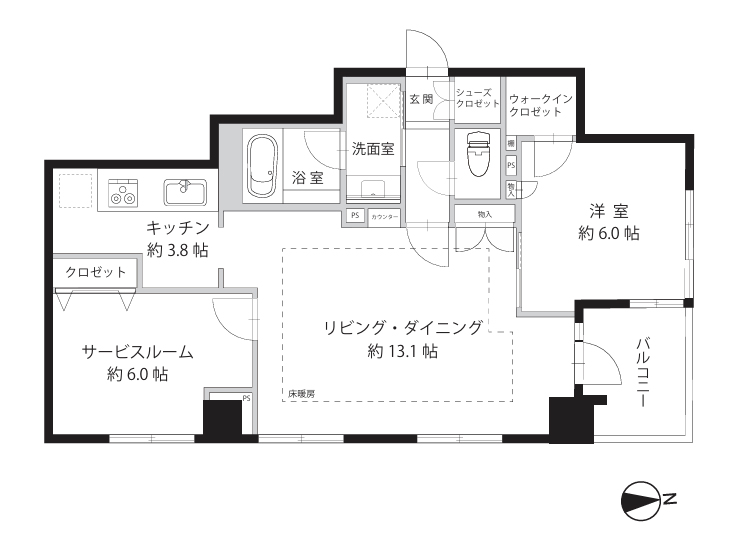 牛込柳町　東京スカイツリーも望める角部屋1SLDK 間取り図