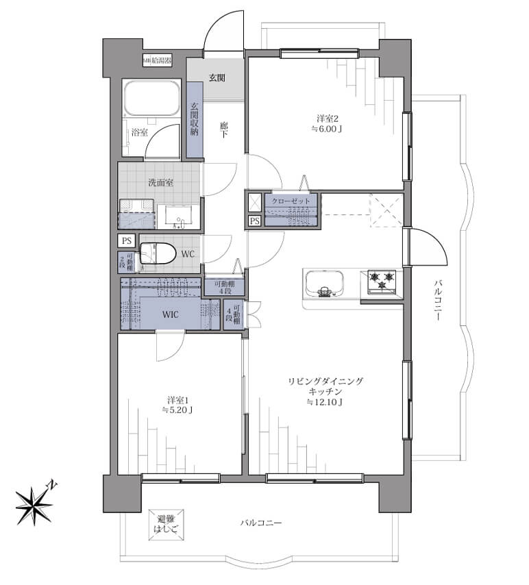 神楽坂　2面バルコニーで通風良好、窓の多い角部屋2LDK 間取図
