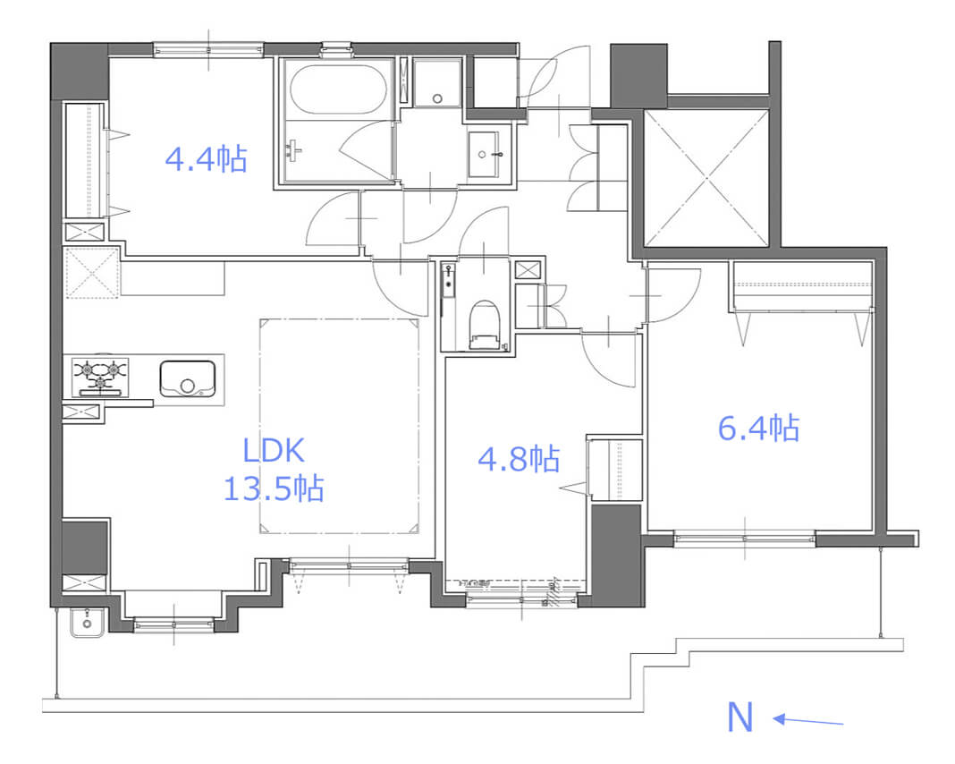 後楽園　窓が多く自然な光を取り込む3LDK 間取図