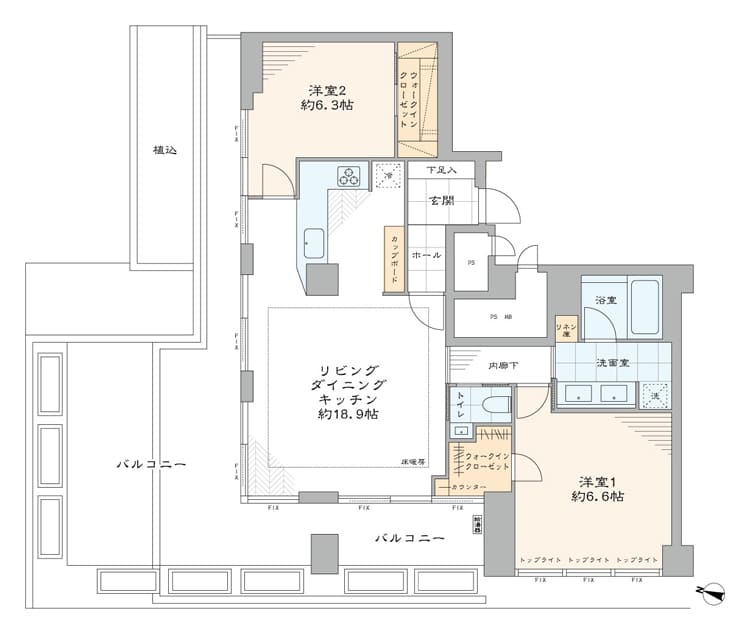 青山一丁目　最上階角部屋！約36㎡のバルコニー付きでこだわりが詰まった2LDK 間取図