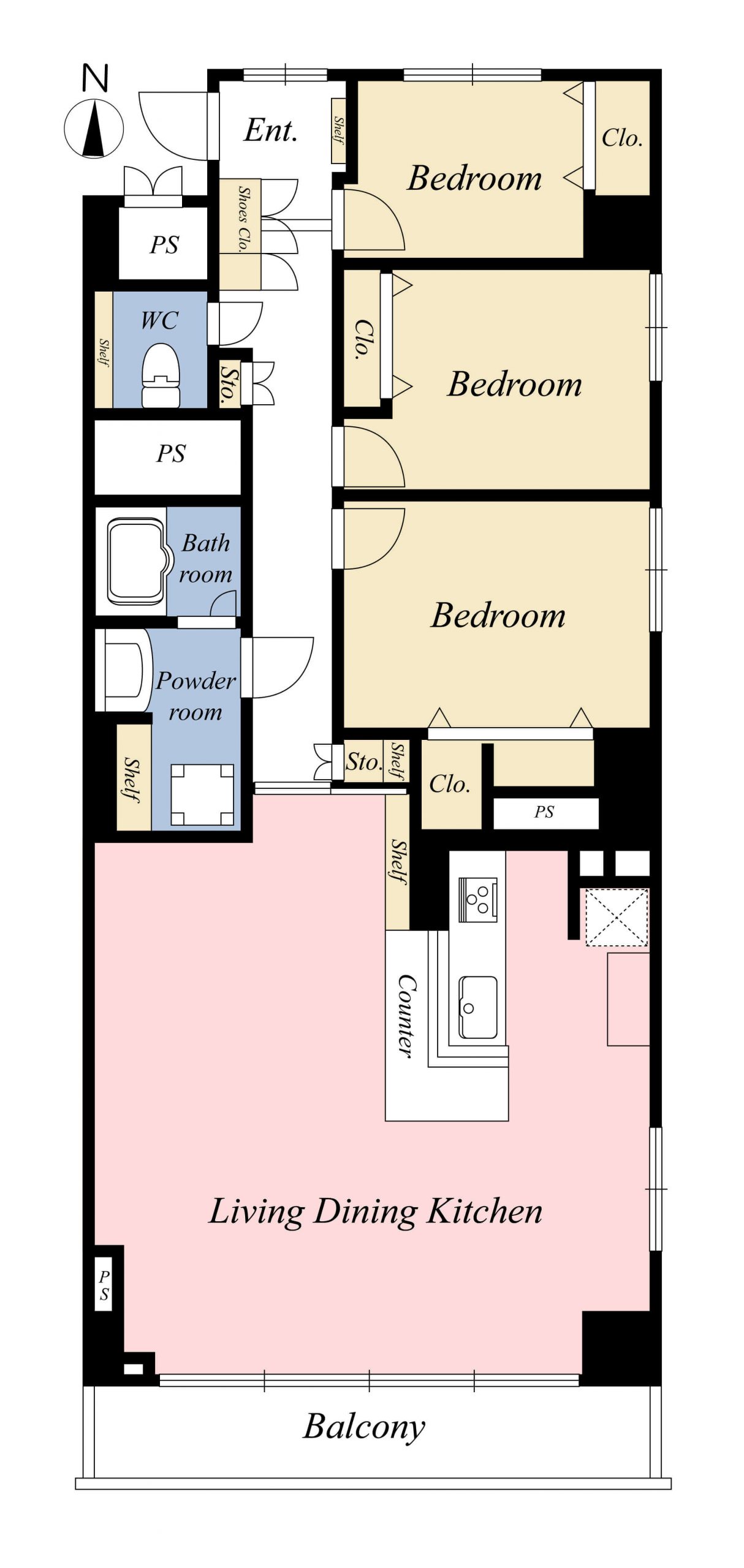 広尾　南向きで心地よい光を取り入れる3LDK 間取図