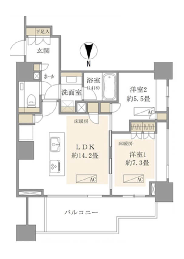 広尾ガーデンフォレスト桜レジデンス　多彩な共用施設が魅力、角部屋2LDK 間取り図