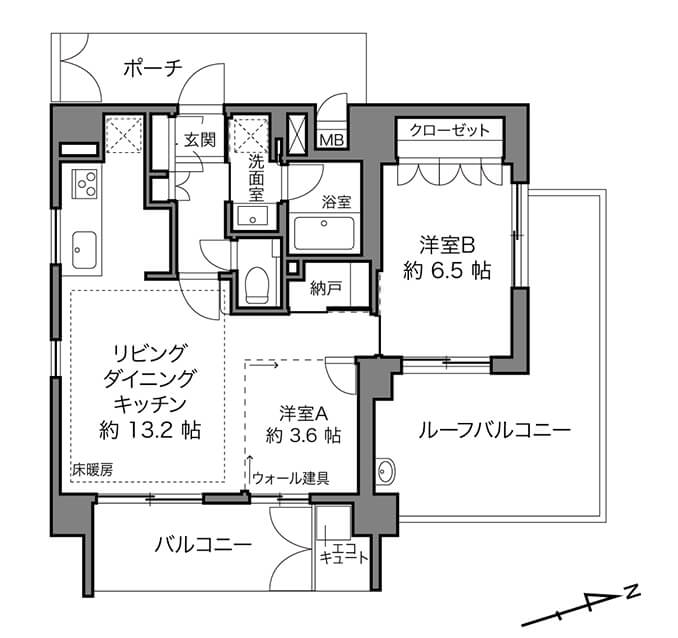 神楽坂　ルーフバルコニー付、空間を繋げて広々過ごせる2LDK 間取り図