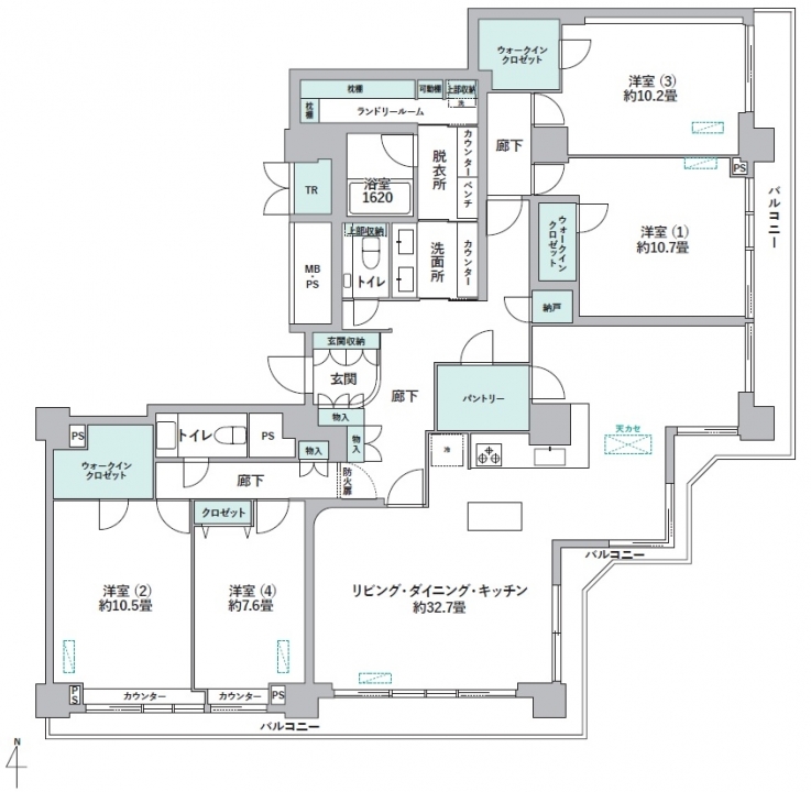 中野　空と街並みを一望する、最上階・南東角の180㎡超4LDK 間取り図