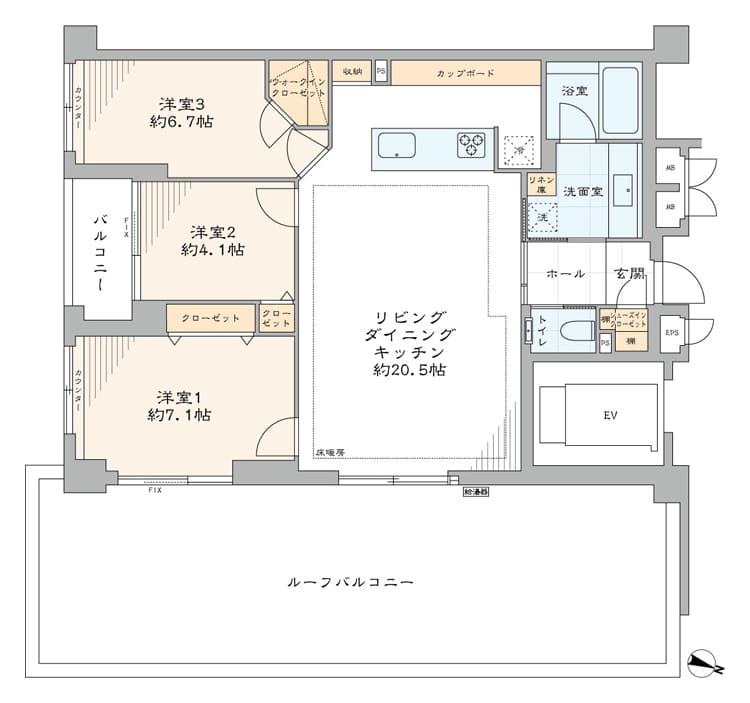 牛込神楽坂　約42㎡のルーフバルコニー付き！洗練された角部屋3LDK 間取り図