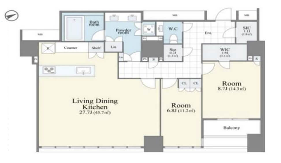 ローレルタワールネ浜松町　リゾート感漂う日常、窓いっぱいにきらめく運河 間取り図