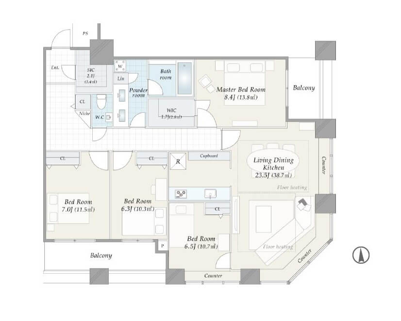 TOKYO SEA SOUTH ブランファーレ　119㎡のゆとりを誇る、31階南東角住戸 間取図