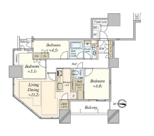 パークシティ大崎ザタワー　開放感に包まれる、16階部分の角部屋3LDK 間取図