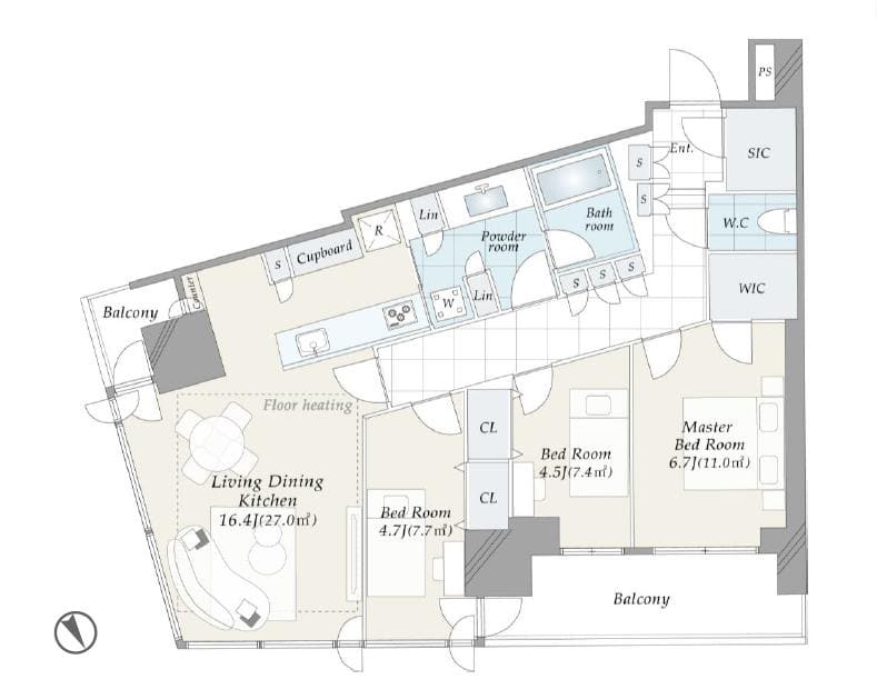 GLOBAL FRONT TOWER　空と海を抱く、33階角部屋の特等席 間取図