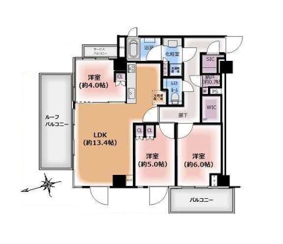 ピアース四谷Hills　3方向角住戸×ルーフバルコニーの開放感 間取り図