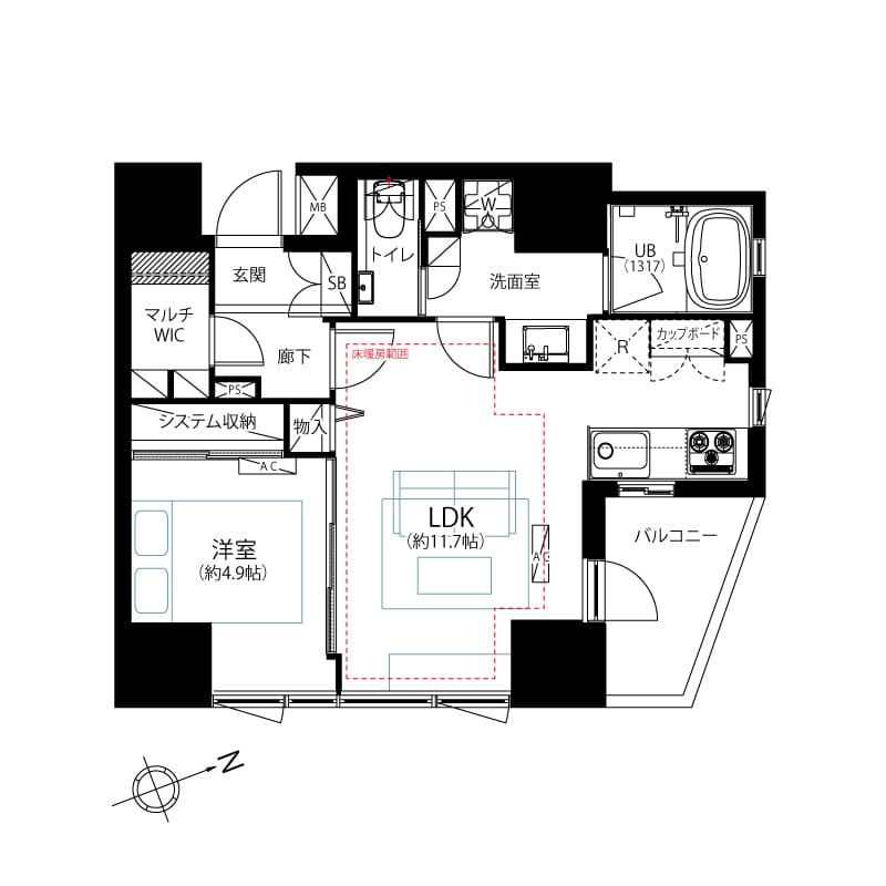 白金高輪　東京タワーを望む角部屋1LDK 間取り図