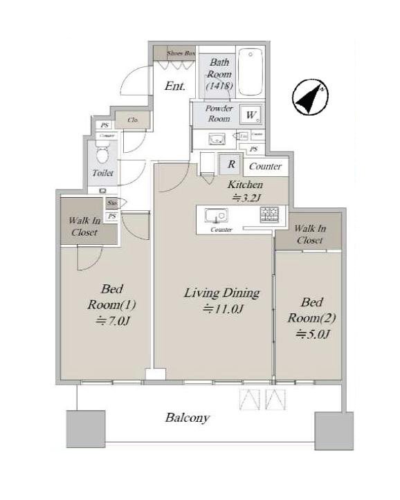 シティタワー虎ノ門　築後未入居、東京タワーを望む南東向き2LDK 間取り図