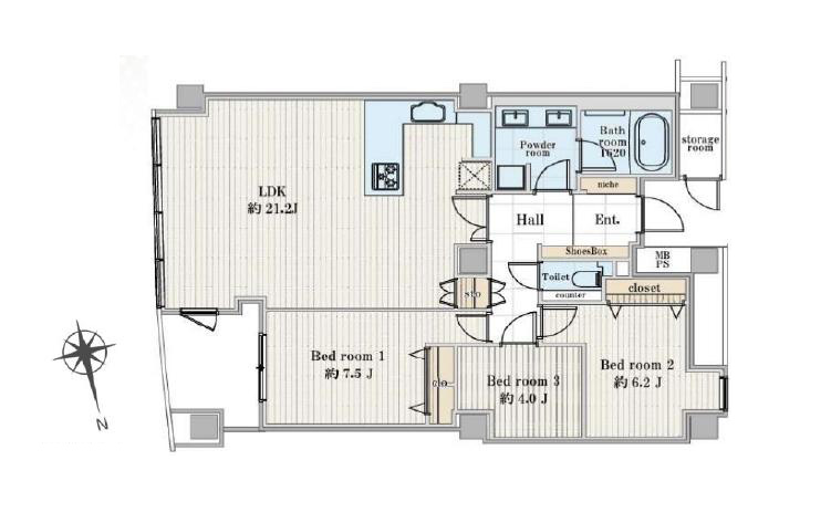 品川Vタワー　32階からの眺望と光に包まれる、99㎡の3LDK 間取り図