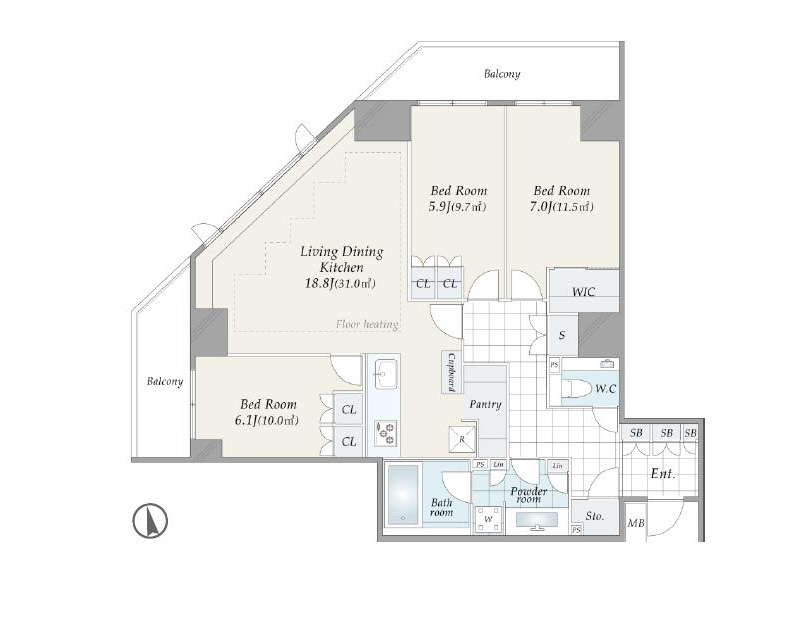 ブランズ文京小石川　二面バルコニー付き、90㎡超の開放的な角住戸 間取り図