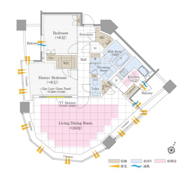 パークコート赤坂ザ タワー　都市を見渡す、20階94㎡角住戸の伸びやかな一邸 間取り図