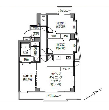 大崎　落ち着きと開放感が調和する、3LDK角住戸 間取り図