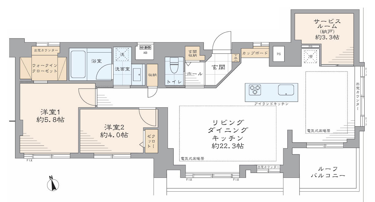 麻布十番　南東角部屋、家族や友人と時間を共有するゆとりあるLDK 間取り図