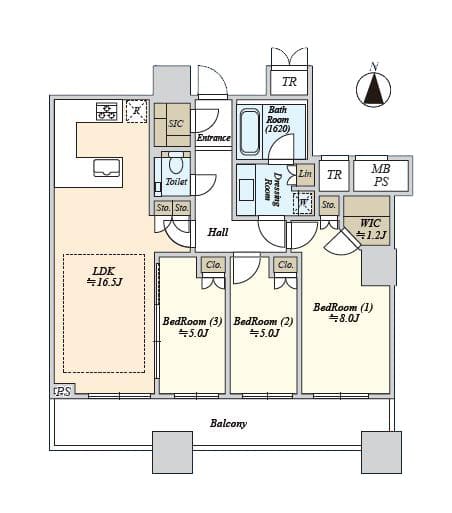 パークタワーグランスカイ　水と緑を身近に感じる、25階南向きの3LDK 間取り図