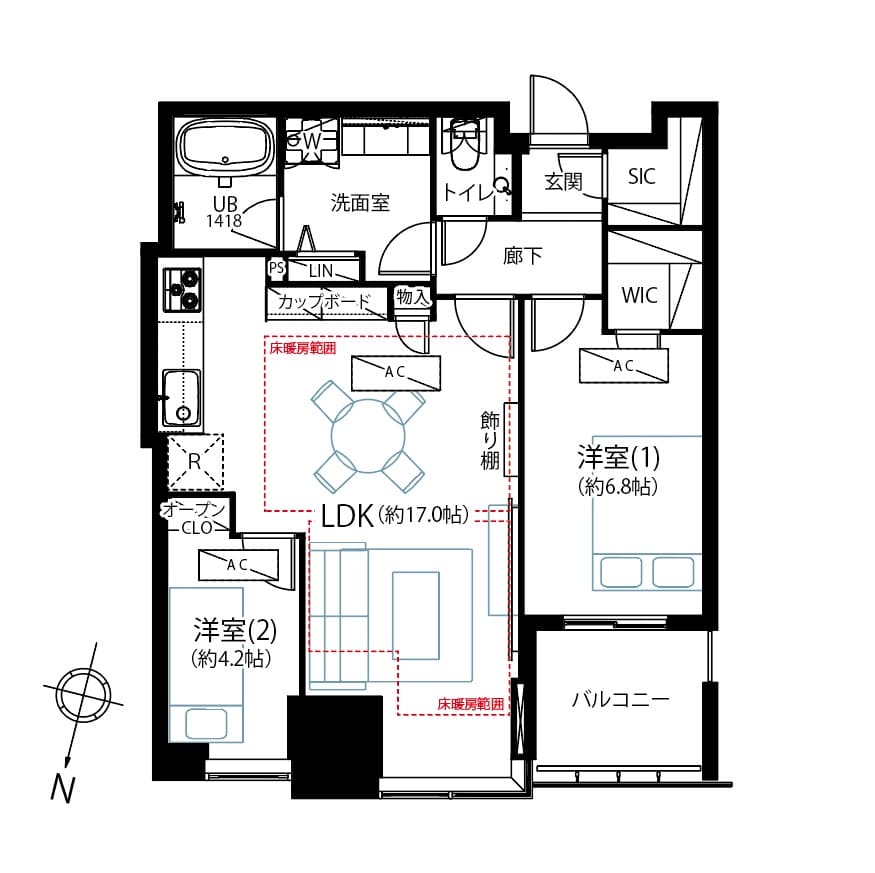 大崎　駅直結！空へとひらける眺めと光に包まれる、31階の2LDK 間取り図