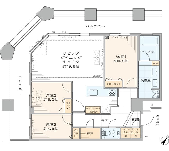 芝浦アイランドケープタワー　東京タワー・富士山を望む、46階角住戸の3LDK 間取図