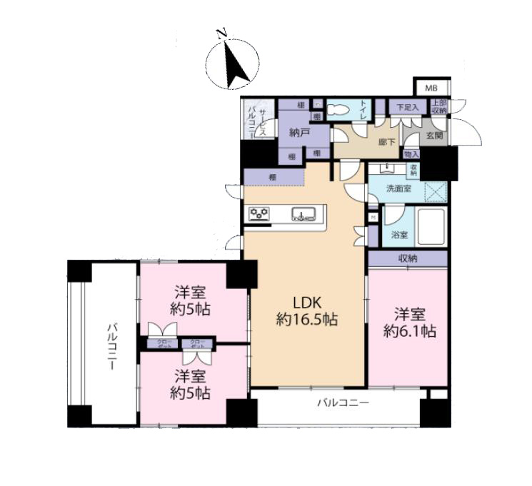 八丁堀　光と風を取り込む2面バルコニーの住まい 間取り図