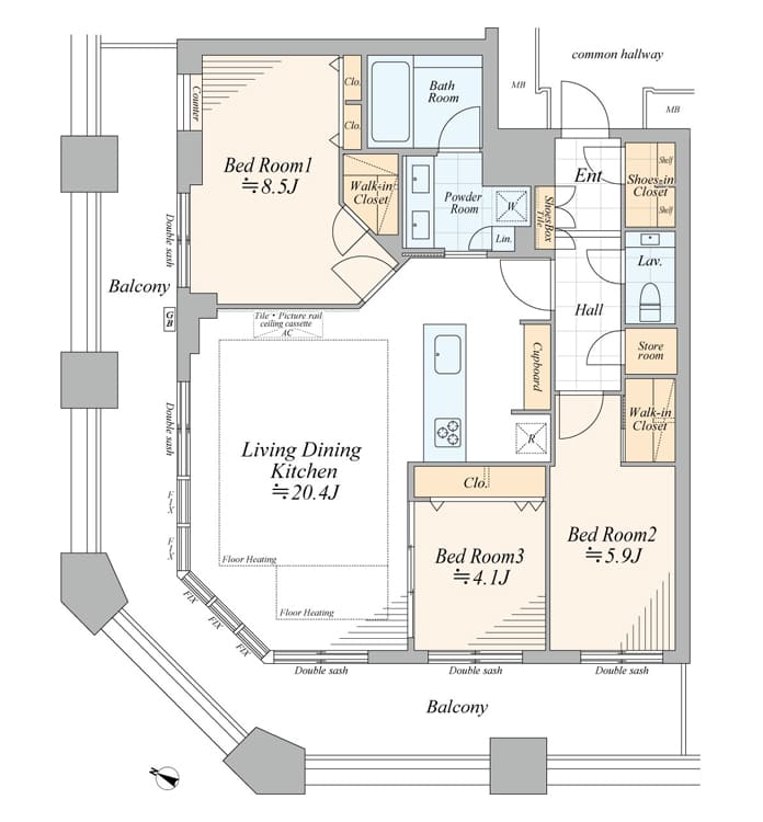 芝浦アイランドケープタワー　空とつながる、34階角部屋の3LDK 間取り図