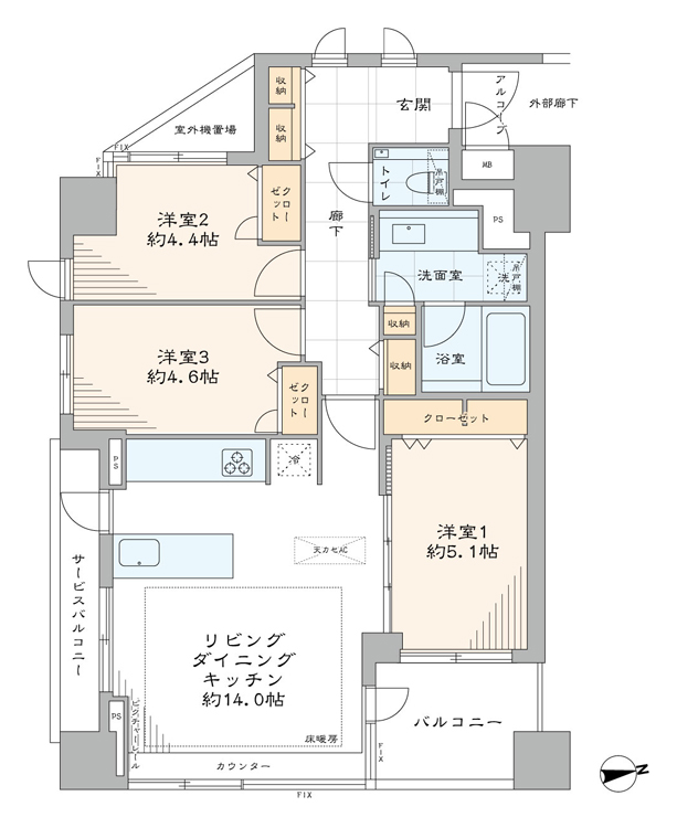 高輪台　東京タワーとレインボーブリッジを望む、三方向角住戸 間取図