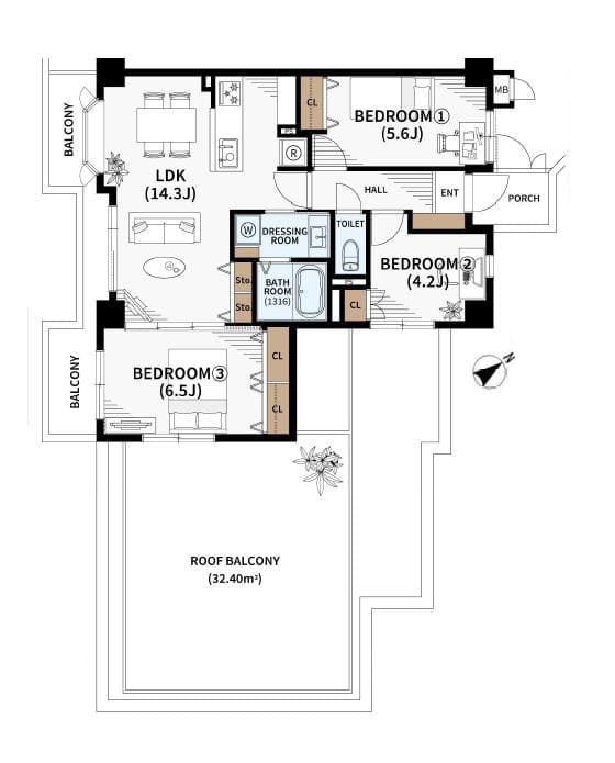 神泉　光と風を愉しむ、約32㎡のルーフバルコニーが広がる角住戸 間取り図