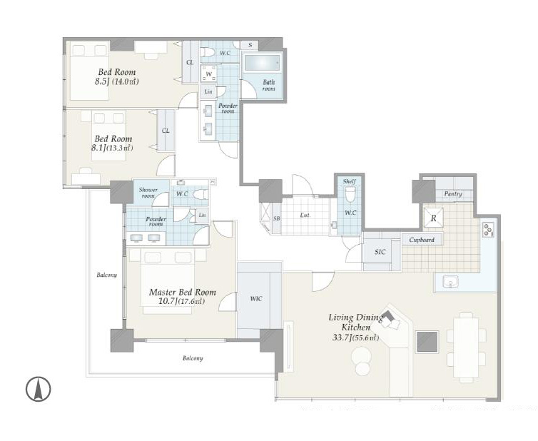 恵比寿ガーデンテラス壱番館　ガーデンプレイス隣接、150㎡超の30階角住戸 間取り図