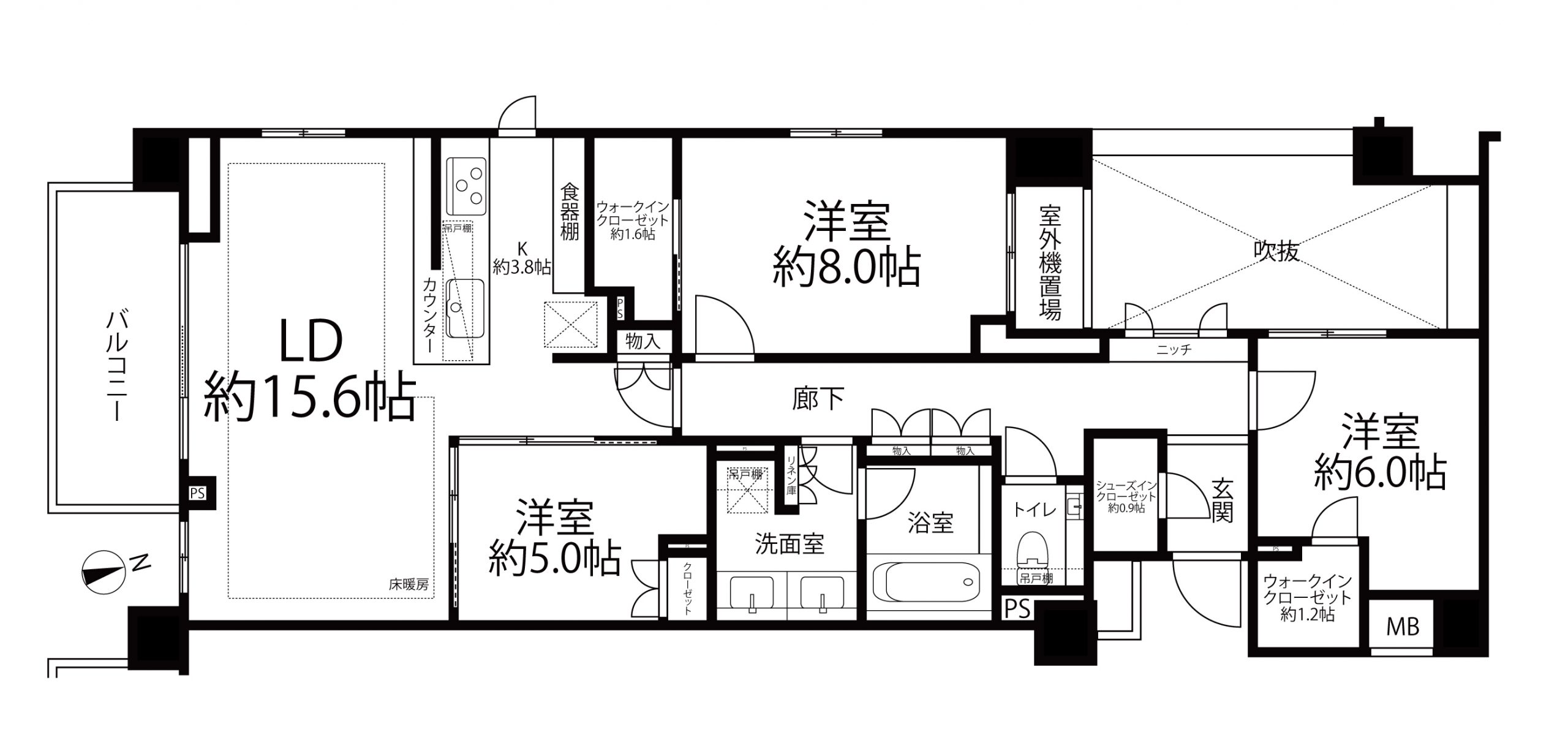 牛込柳町　ゆとりある90㎡超3LDK、南西向きの三方角住戸 間取り図