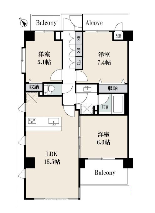 初台　新宿2分の利便、三面採光の開放的な住まい 間取り図