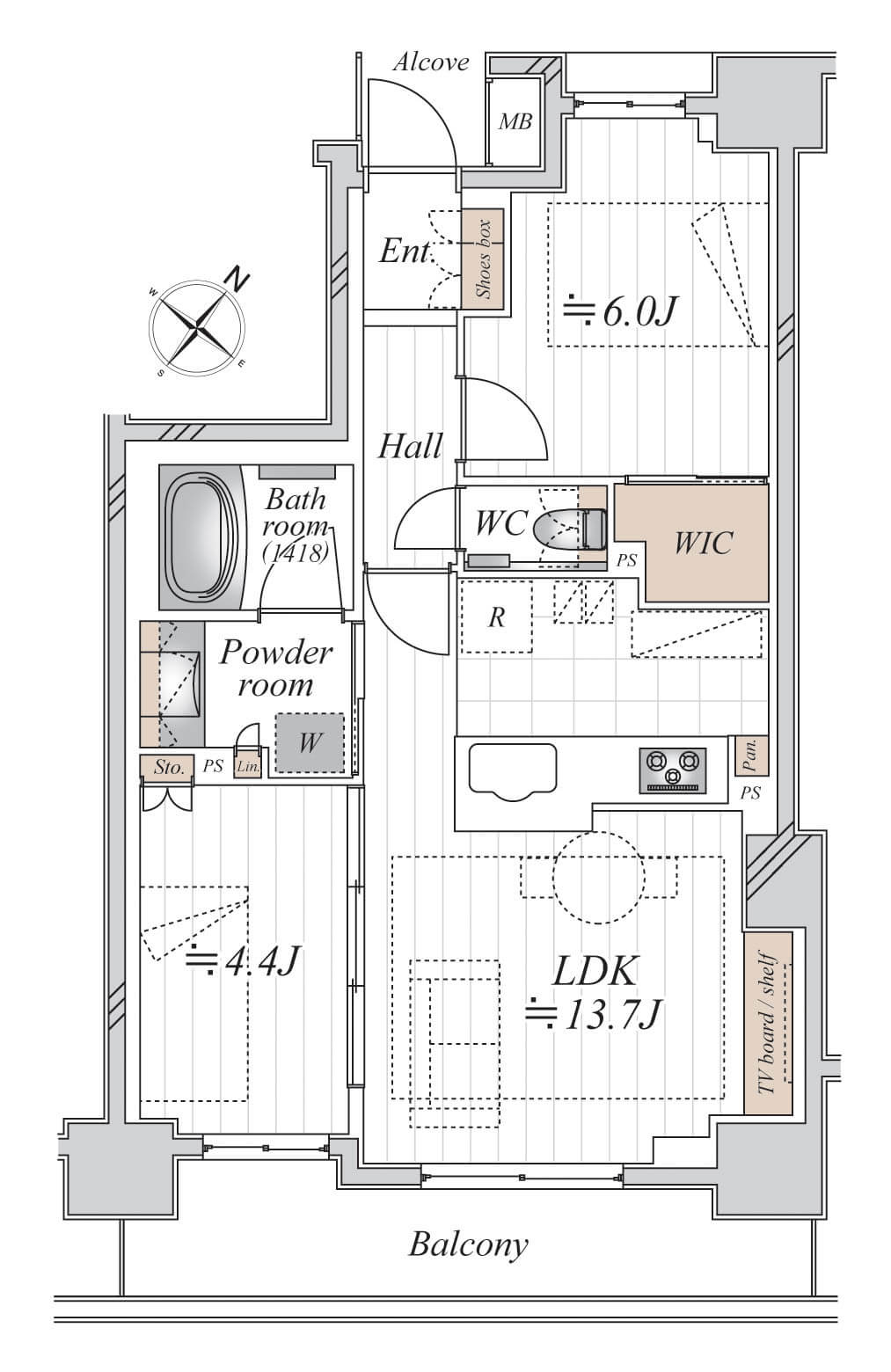 三軒茶屋　緑道を望む、南東向き2LDK 間取り図