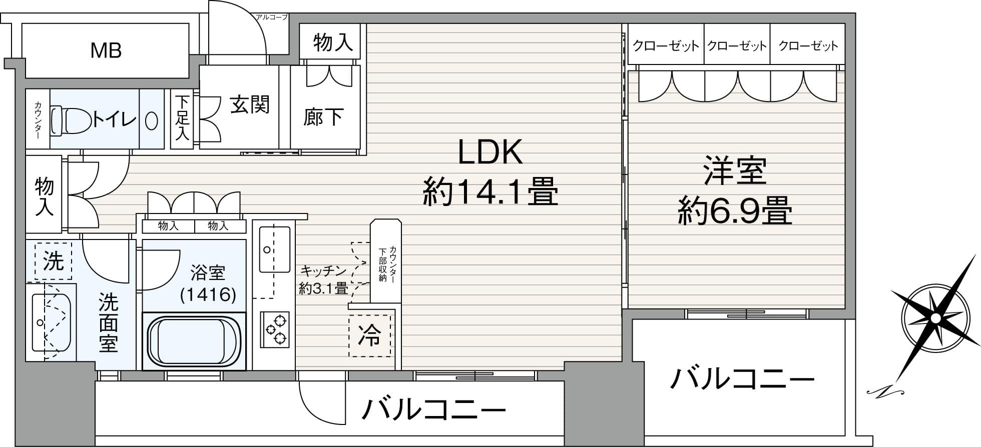 カテリーナ三田タワースイートウエストアーク　東京タワーを望む、都心を使いこなす19階の1LDK 間取り図