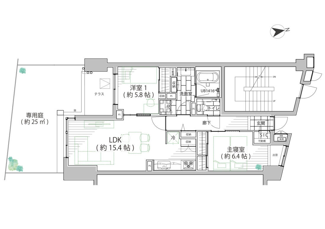 神楽坂　約25㎡の専用庭付、南向きの2LDK 間取り図
