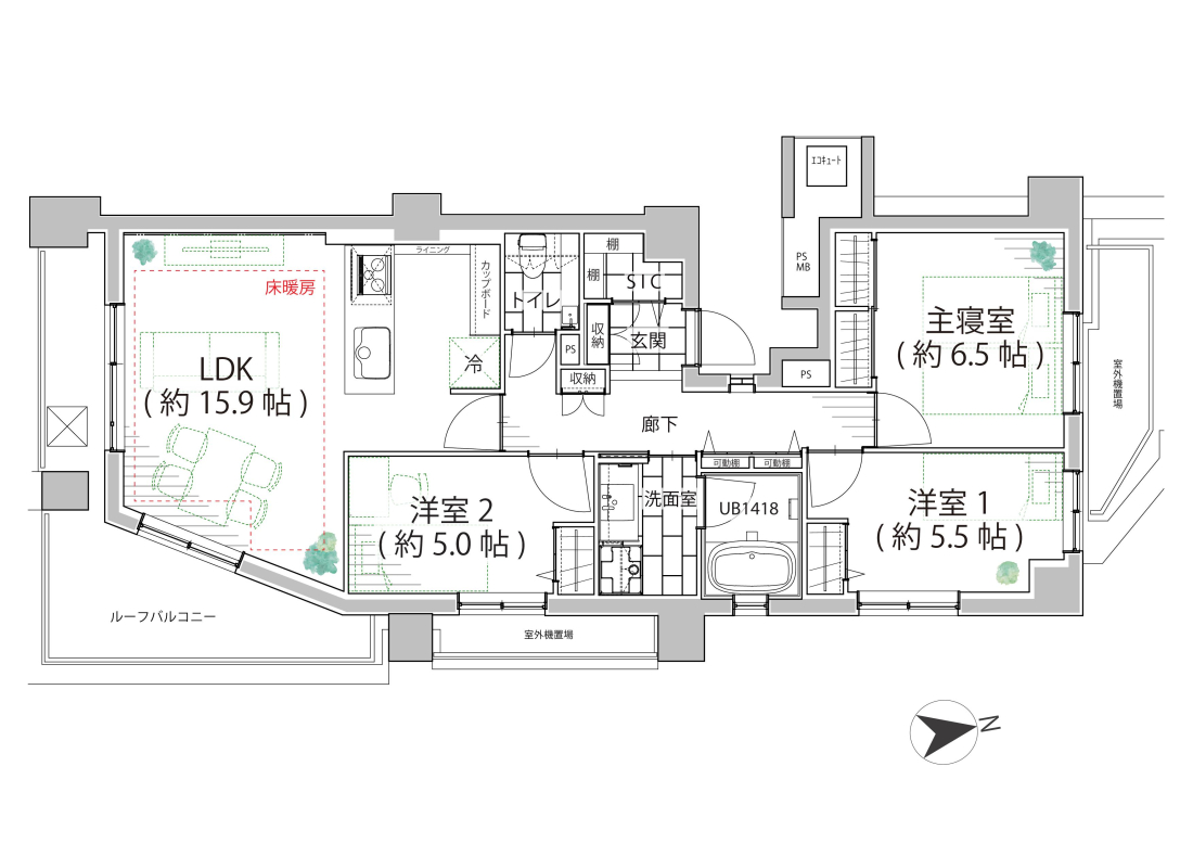 白金高輪　ルーフバルコニー付きの開放的な南東角住戸 間取り図