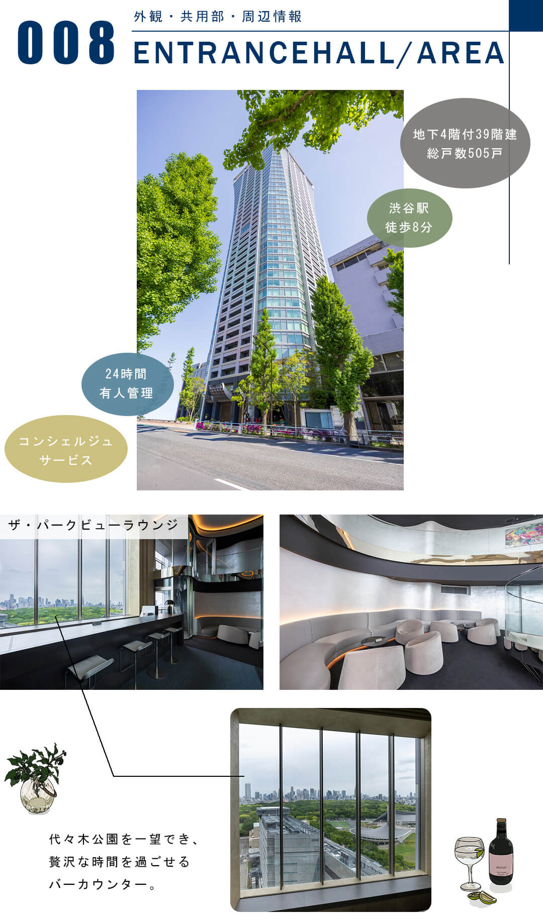 パークコート渋谷ザタワーの外観と共用部