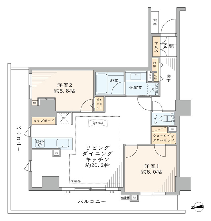 四谷三丁目　新宿の高層ビル群を望む、L字バルコニー付き角住戸 間取図
